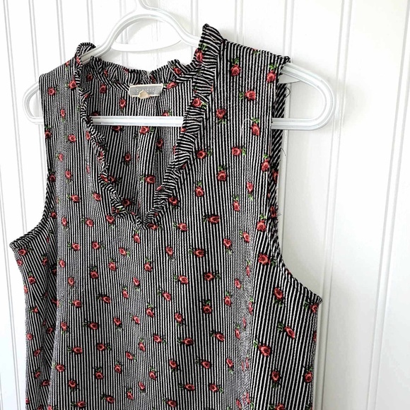 PLEIONE Black/White Stripes Red Floral Print Chic Sleeveless Camisole Blouse Top - Picture 4 of 6